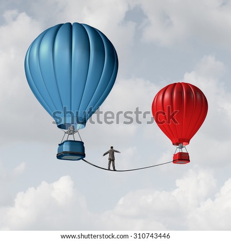 Change challenge and caution business motivational concept as person walking on a tight rope high wire from one hot air balloon to another as taking a risk metaphor for changing position or career.