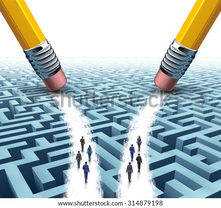 Business team solution choice as two diverse groups of employees on a maze or labyrinth walking on open paths made by pencil erasers as a metaphor for employment options for recruiting companies.