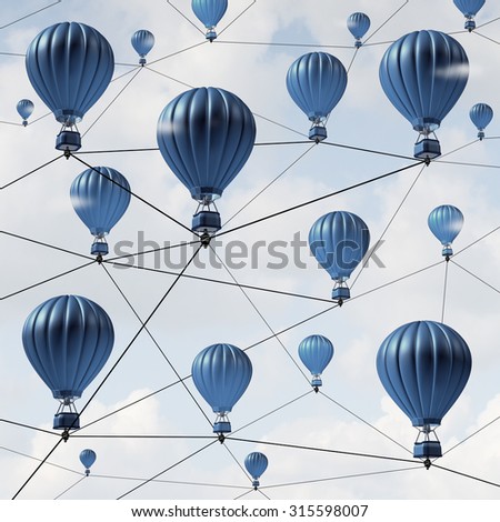 Network connection success concept and community social media links as a group of blue hot air balloons connected together in a wired chain symbol of communication technology.