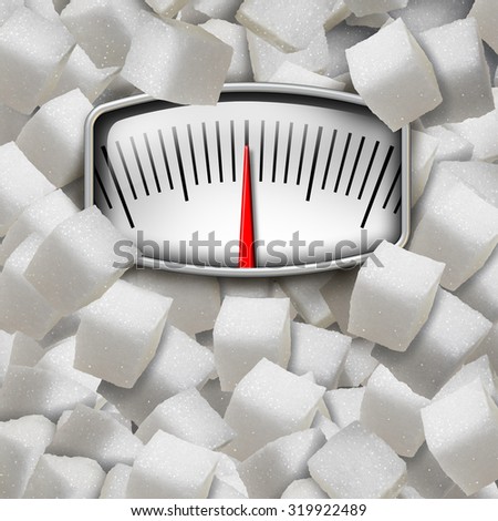 Eating sugar concept as a weight scale made from refined sugary cubes as a dieting fitness and nutrition symbol for the health risk issues of consuming too much sweetener in the human diet.