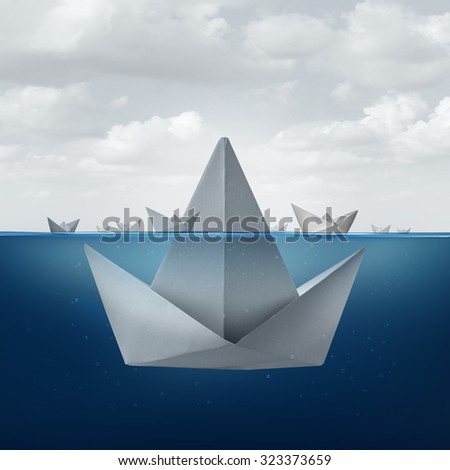 Business ignorance and fear concept as a group of paper boats floating around the tip of a giant origami sail boat as an ice berg shape as a metaphor for hidden competition and corporate deception.