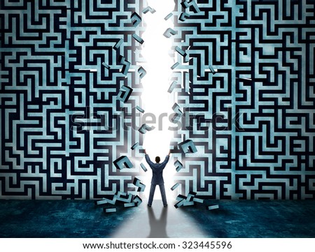 Entrance business solution concept as a businessman opening a maze or labyrinth creating a doorway with glowing light as a metaphor for opportunity and solving a problem.