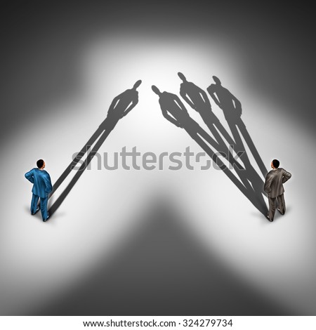 Worker productivity concept and productive employee symbol as two businessmen with one person with a single cast shadow or another business person with a group of shadows as a skillfull overachiever.