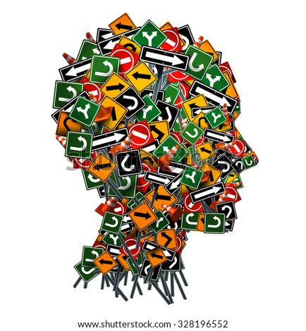 Confused thinking and uncertainty symbol as a group of traffic or road arrow signs shaped as a human head as a decision making crisis  or being lost in confusion concept on a white background.