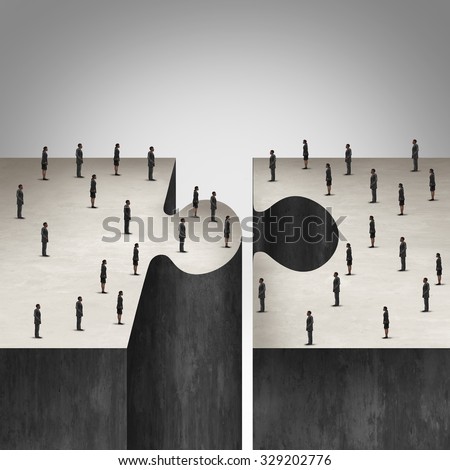 Business People collaboration concept as a jigsaw puzzle with two groups of businesspeople coming together as a corporate symbol for group agreement to build a project.