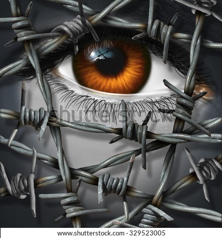 Victim concept and threat being kept out by barbed or barb wire as a security or psychological injury concept of suffering alone or refugee issues icon with a surreal human eye.
