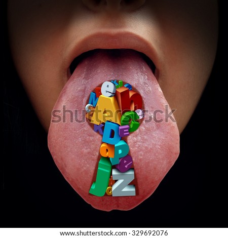 Language solution education concept as a mouth with a tongue sticking out with a group of alphabet letters shaped as a key hole as a metaphor for speech therapy and reading and writing learning.