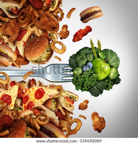 Health diet breakthrough nutrition concept as a fork with green healthy fruits and vegetables breaking through a wall of greasy high cholesterol junk food as a fitness lifestyle living fit.
