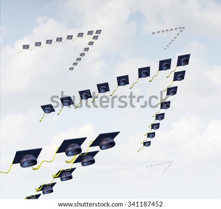 Student migration and global higher education concept as a group of graduation hats or mortar boards shaped as a v formation as that of migratory birds.