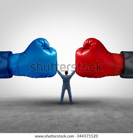 Mediate and legal mediation business concept as a businessman or lawyer separating two boxing glove opposing competitors as an arbitration success symbol for finding a solution to solve a conflict.