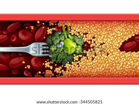 Food medicine concept and natural cure and remedy as a fork with green vegetables and fruit breaking through an blocked artery with cholesterol  as a medical nutrition symbol on eating healthy.
