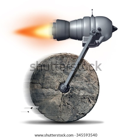 Technology upgrade business concept as an ancient stone wheel with a rocket engine or jet motor attached for increased speed and performance as a success metaphor for innovating on old ideas.