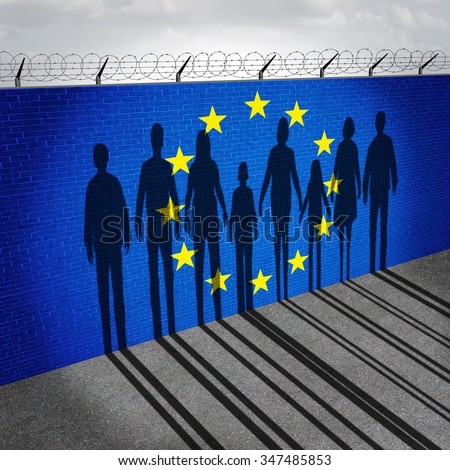 Europe immigration and european refugee crisis concept as people on a border wall with a Euro zone flag as a social issue on refugees or illegal immigrants with the shadow of a group of migrants.