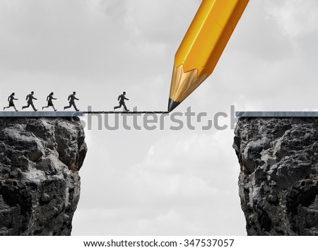 Drawing a bridge and conquering adversity business concept as a group of people running from one cliff to another with the help of a pencil line sketch as a concept for bridging the gap for success.