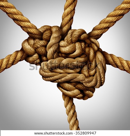 Creative process concept and creativity and the brain as a group of tangled ropes shaped as the human mind with strands of rope emerging out as an intelligence connection icon and neurology symbol .