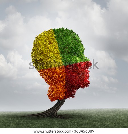 Human mood psychology change as a human head tree with changing leaf color as a mental health metaphor for brain thinking disorder and neurology chemistry imbalance or personality changes symbol.