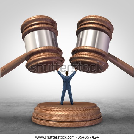 Mediation resolution and mediate legal disputes in business as a concept with a businessman or lawyer separating two judge mallets or gavel as competitors in arbitration.