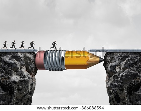 Business success symbol and conquering adversity as a group of people running from one cliff to another with the help of a pencil acting as a bridge in a concept for bridging the gap to achieve.