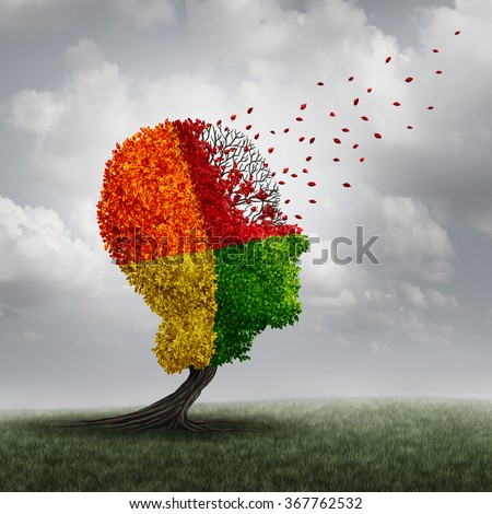 Dementia brain loss memory problem and aging due to cognitive disease and alzheimer's illness as a medical icon as an autumn fall tree shaped as a human head losing leaves with winds of change.
