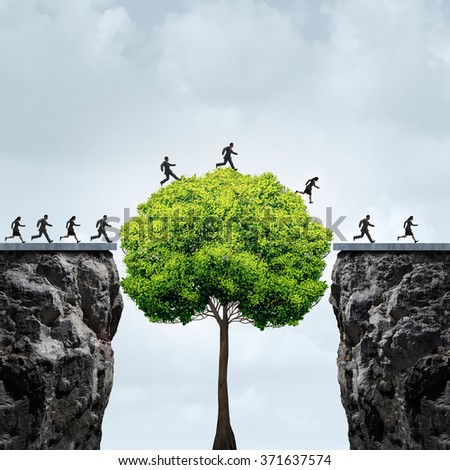 Business growth opportunity concept as a group of business people taking advantage of a tall tree grown to create a bridge to cross over and link two separate cliffs for patience and opportunism.