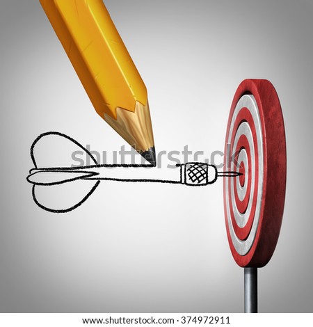 Success goal planning business concept as a pencil drawing a dart hitting the center of a target on a dartboard as a metaphor for controlling your destiny by creating a plan and visualization.
