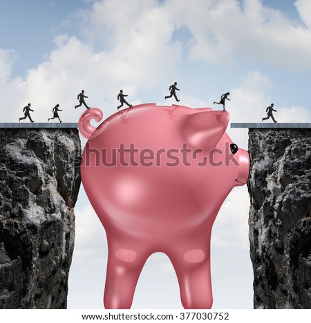 Money bridge financial concept as a huge piggy bank closing the gap between two cliffs as a finance metaphor for budget solution or economic assistance and investment to go forward.