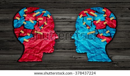 Thinking exchange and idea partnership business communication concept as a red and blue human head cut from crumpled paper as a symbol for understanding political opinions or cultural differences.