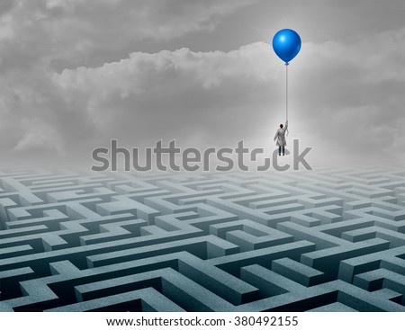 Innovative medical innovation as a medic healthcare professional floating above a complicated maze as a success and cure metaphor for discoveries in medicine and biology sciences for human health.