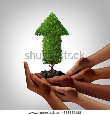 Diversity community working together for success concept as a group of multiethnic people hands full of soil holding up an arrow tree as a global cooperation and team empowerment metaphor.
