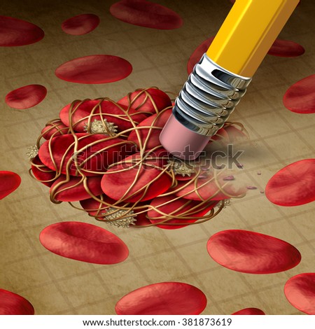 Blood clot and thrombosis treatment removing clots concept as a pencil eraser erasing the blockage clumped  by sticky platelets and fibrin with surgery and medical therapy to treat the disease.