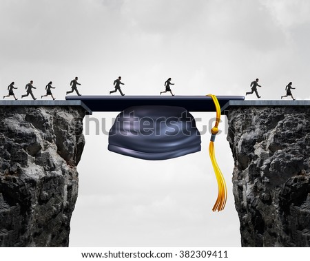 Education career opportunities concept as a group of graduating university students crossing a mortarboard or graduation cap as a bridge to opportunity and bridging the gap for business success.