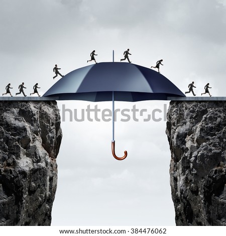 Security bridge concept as business people running across two high cliffs with the help of a safe giant umbrella bridging the gap.