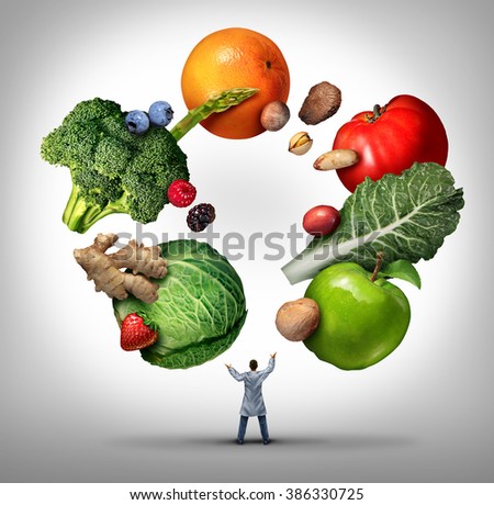 Nutritionist doctor or dietician and dietitian professional health food concept as a medical physician juggling fruits vegetables and nuts as a nutritionist professional advice symbol.