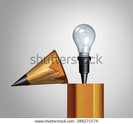 Idea pencil concept as an open drawing instrument with an emerging bright illuminated lightbulb or light bulb as a creative imagination metaphor or education solutions icon.