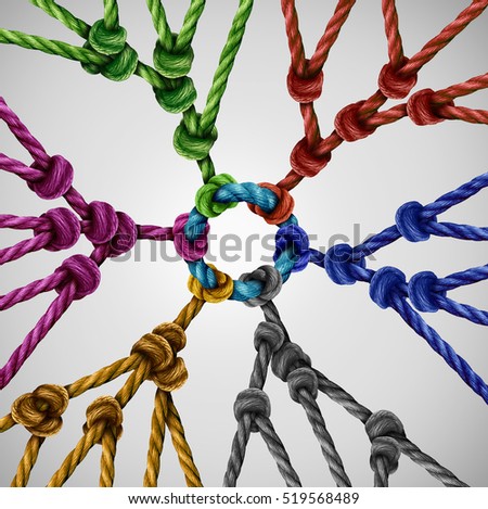Team groups network as individual diverse teams coming together connected to a central point as an abstract communication concept or social connection metaphor with linked ropes of different colors.
