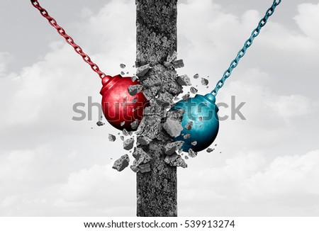 Breaking down walls together with two heavy wrecking ball equipment destroying a solid obstacle as a bipartisan team agreement and relationship barriers symbol with 3D illustration elements.