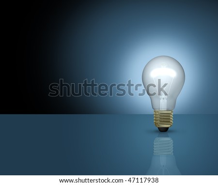 light bulbs with one bright light on blue background