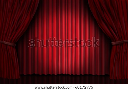 theater stage with spot light on red velvet curtain drapes
