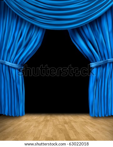 blue curtain drapes with wood floor and black background