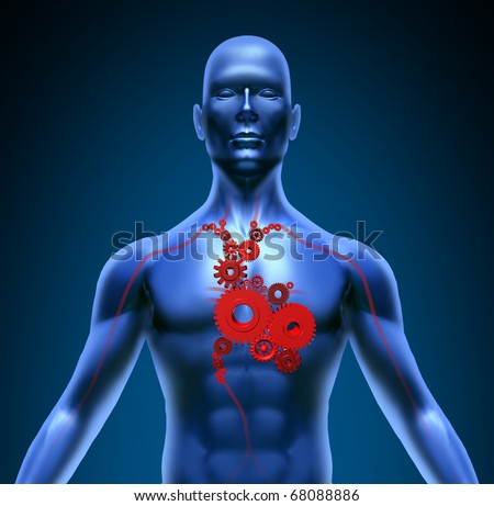 Human body with heart valves medical gears symbol blood flow pumping coronary circulation