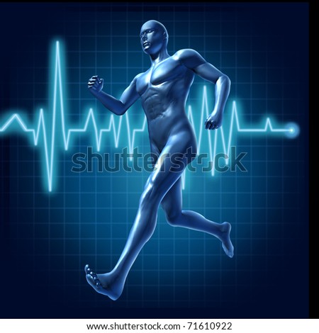 Running human with heart monitor symbol representing health and pulse rate