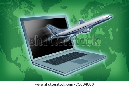 Internet travel symbol represented by an airplane and laptop flying over a global map texture.