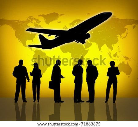 Business travel symbol represented by an airplane taking off and people waiting for a flight with a global map background.