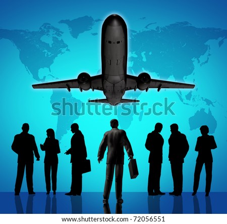 Business traveling represented by a man with people waiting and an airplane taking off with a global map in the background.