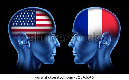U.S.A and France trade relations symbol represented by two faces head to head in cooperation and competition