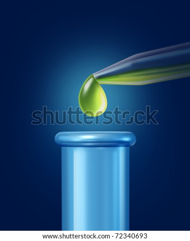 Droplet and test tube with green medical science liquid for research and experiments.