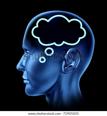Brain thought with word bubble symbol represented by a human head looking forward.