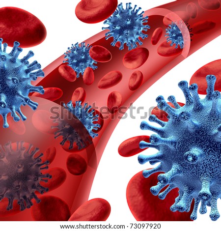 Virus cell infecting the blood stream showing cross section of a vein and human circulatory system.