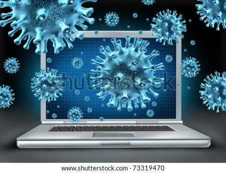 Computer virus symbol represented by a laptop with blue cyber attacking bacteria hacking into the server network.