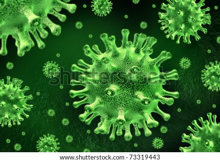 Virus infections medical symbol represented by a group of green bacterial intruder cells causing sickness and disease to healthy patients.